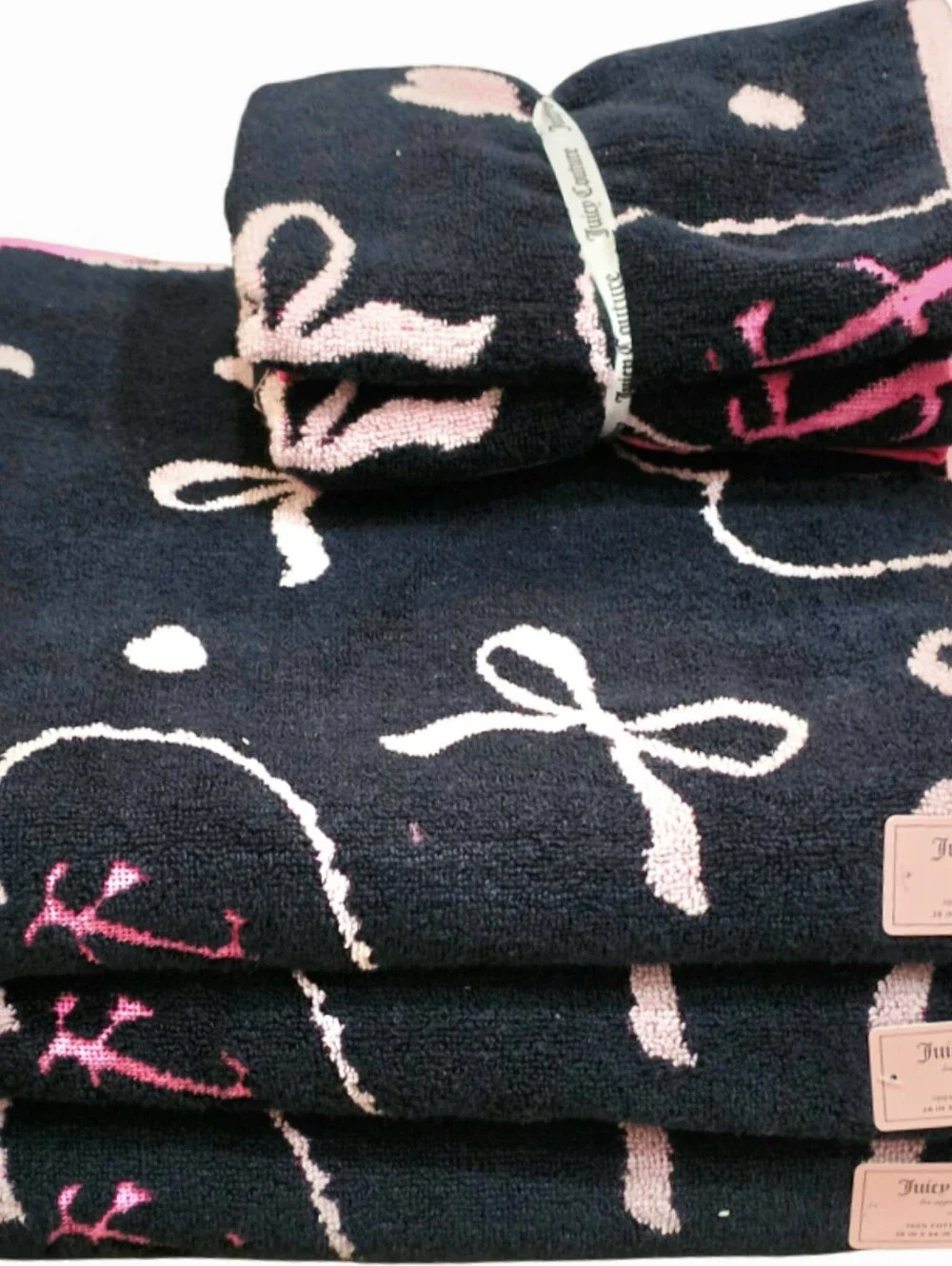 Juicy Couture Home Heart Wrapped JC Logo Bows & Hearts Bath & Hand Towel Set